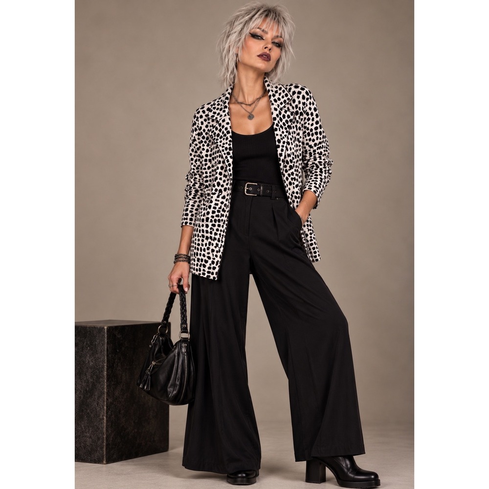 Sioni Open Front Cardigan Size Large Black White Abstract Print Sweater